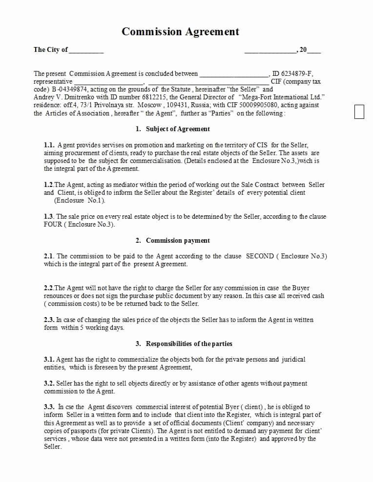 Commission Sales Agreement Template Unique 36 Free Mission Agreements Sales Real Estate Contractor