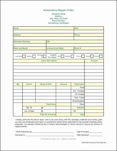 Computer Repair Work order Template Unique Free Automotive Repair order From formville Automotive
