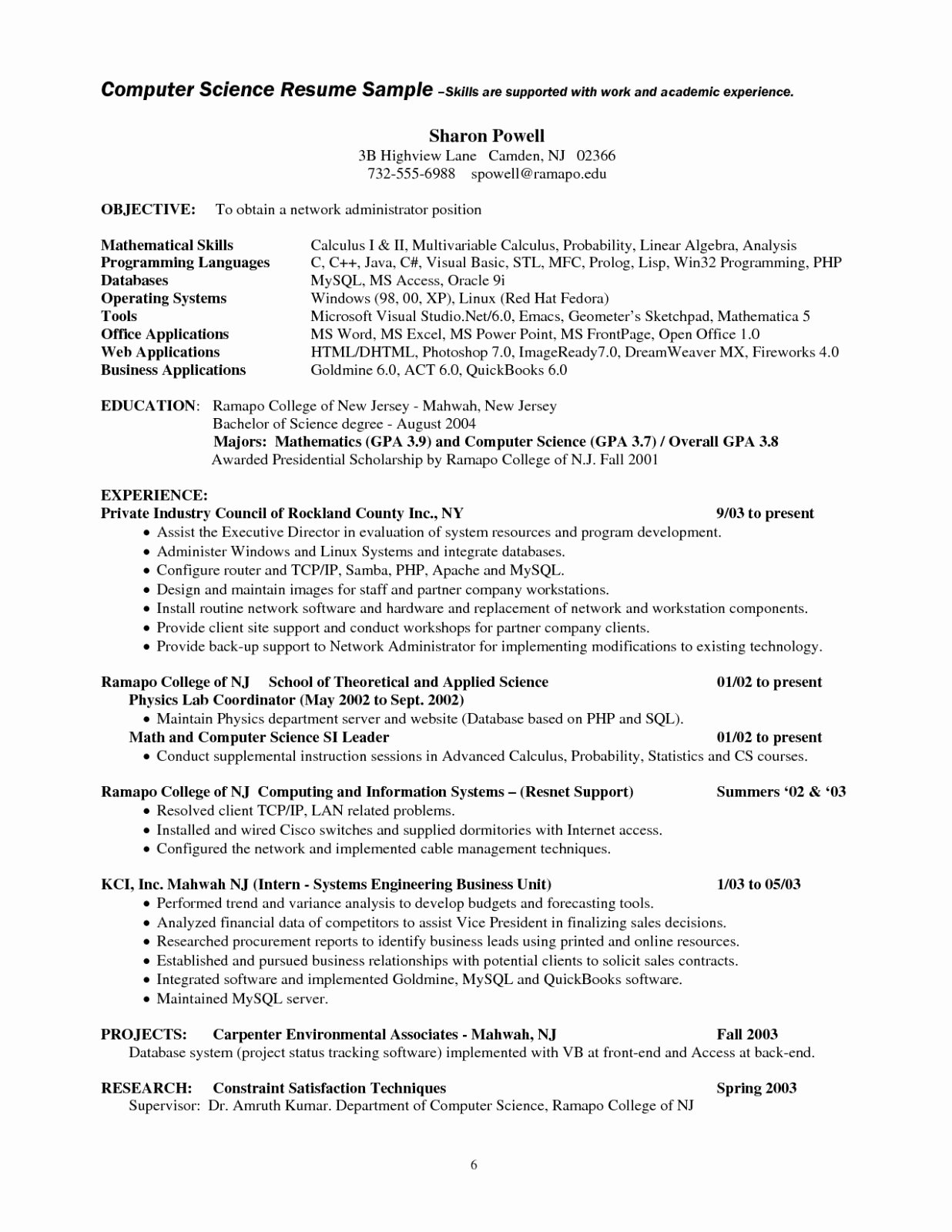 Computer Science Resume Template Inspirational Puter Science Resume Example