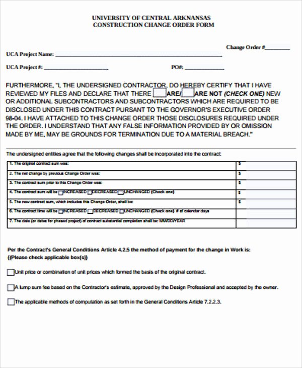Construction Change order form Template New Sample Construction Change order form 7 Examples In