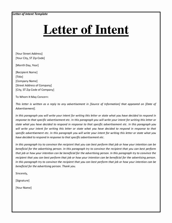 Construction Letter Of Intent Template Unique Letter Intent format