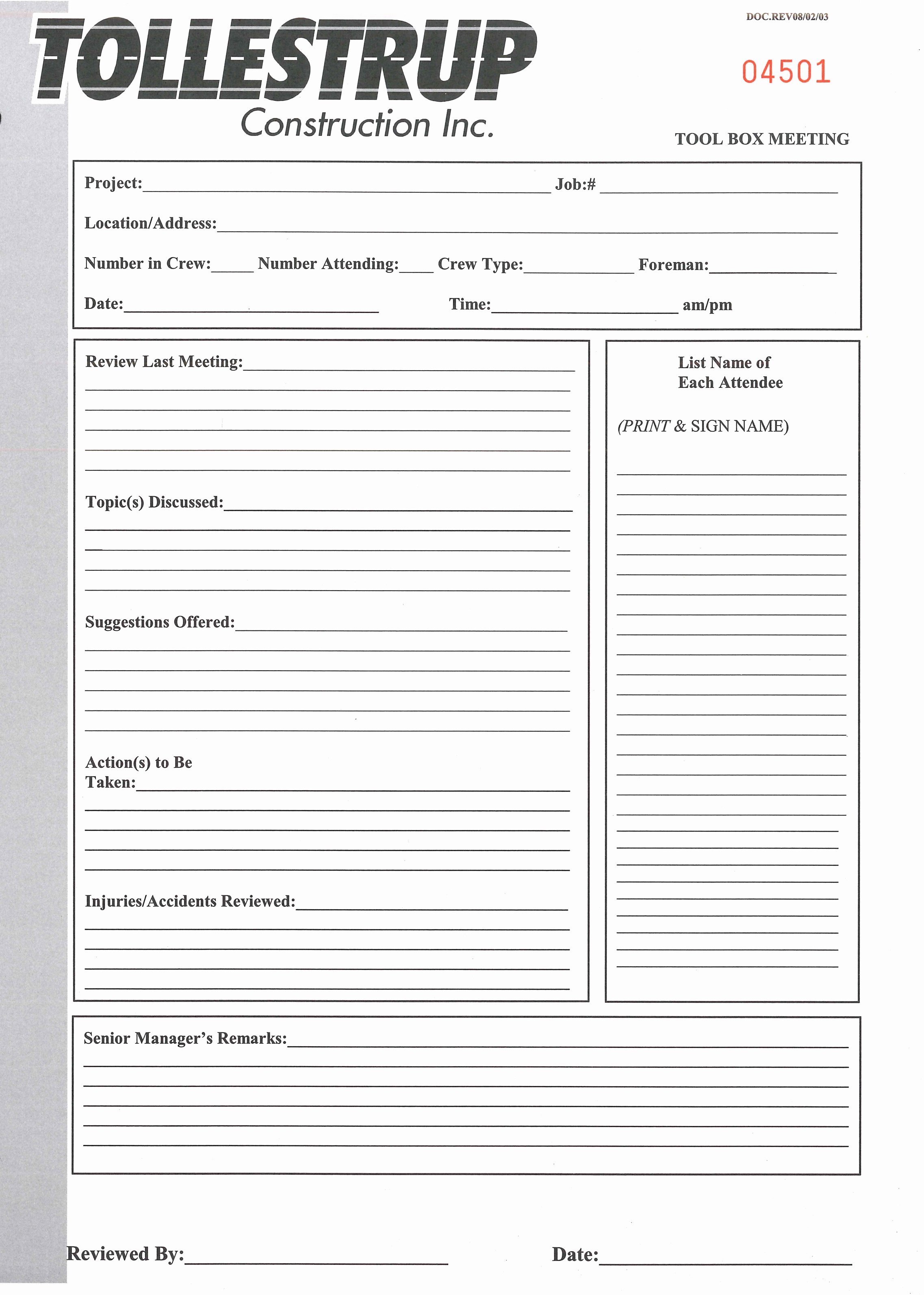 Construction Safety Manual Template Awesome 24 Of Safety toolbox Meeting form Template