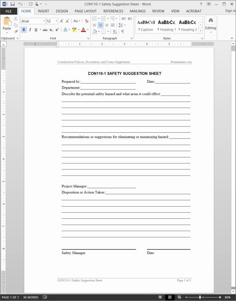 Construction Safety Manual Template Fresh Safety Suggestion Worksheet Template