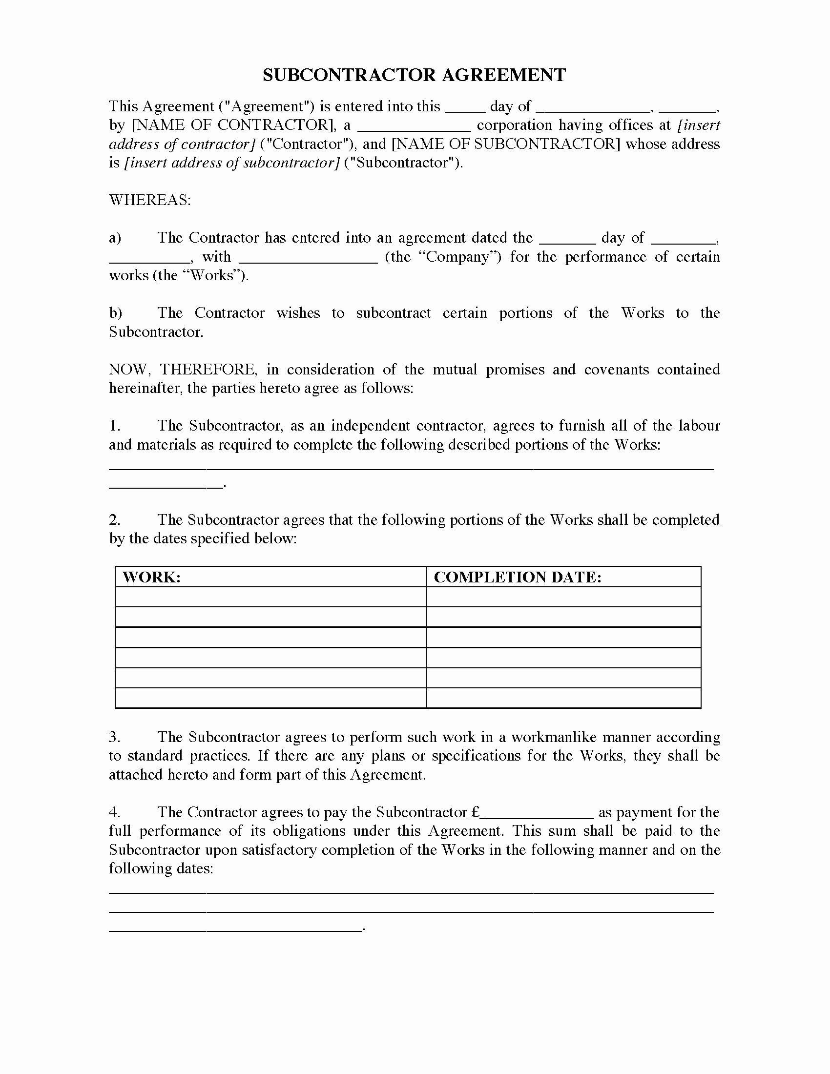 Construction Subcontractor Agreement Template Beautiful Uk Subcontractor Agreement