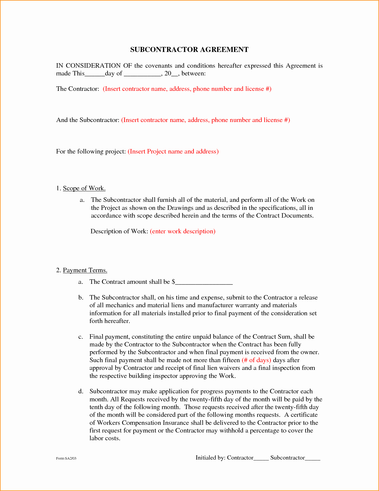 Construction Subcontractor Agreement Template Elegant 25 Professional Agreement format Examples Between Two
