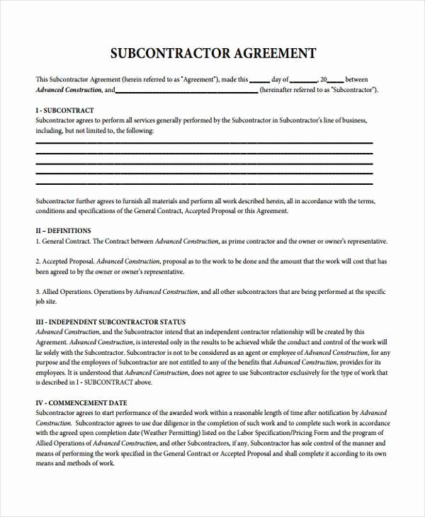 Construction Subcontractor Agreement Template Elegant Sample Subcontractor Contract forms 7 Free Documents In