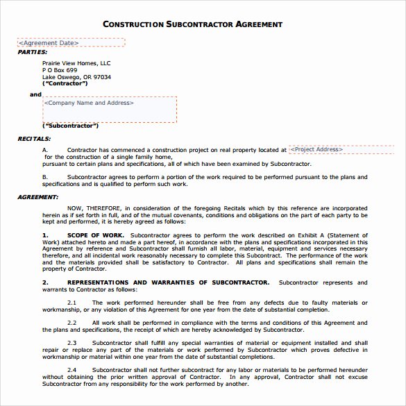 Construction Subcontractor Agreement Template Lovely Sample Subcontractor Agreement 14 Documents In Pdf Word
