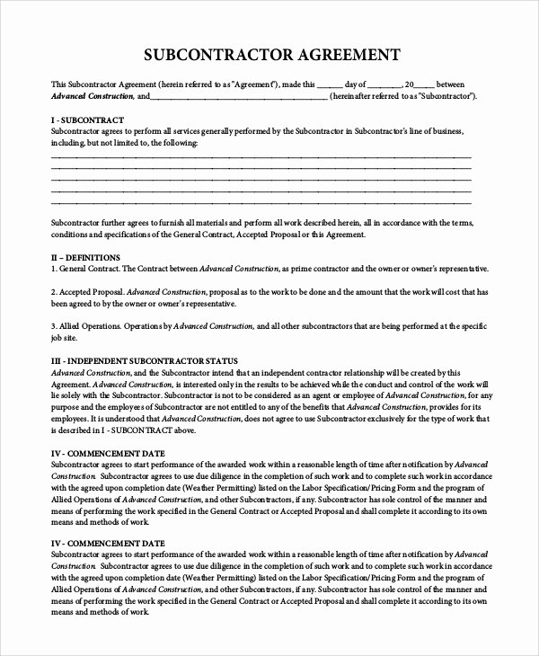 Construction Subcontractor Agreement Template New Sample Subcontractor Agreement 9 Examples In Pdf Word