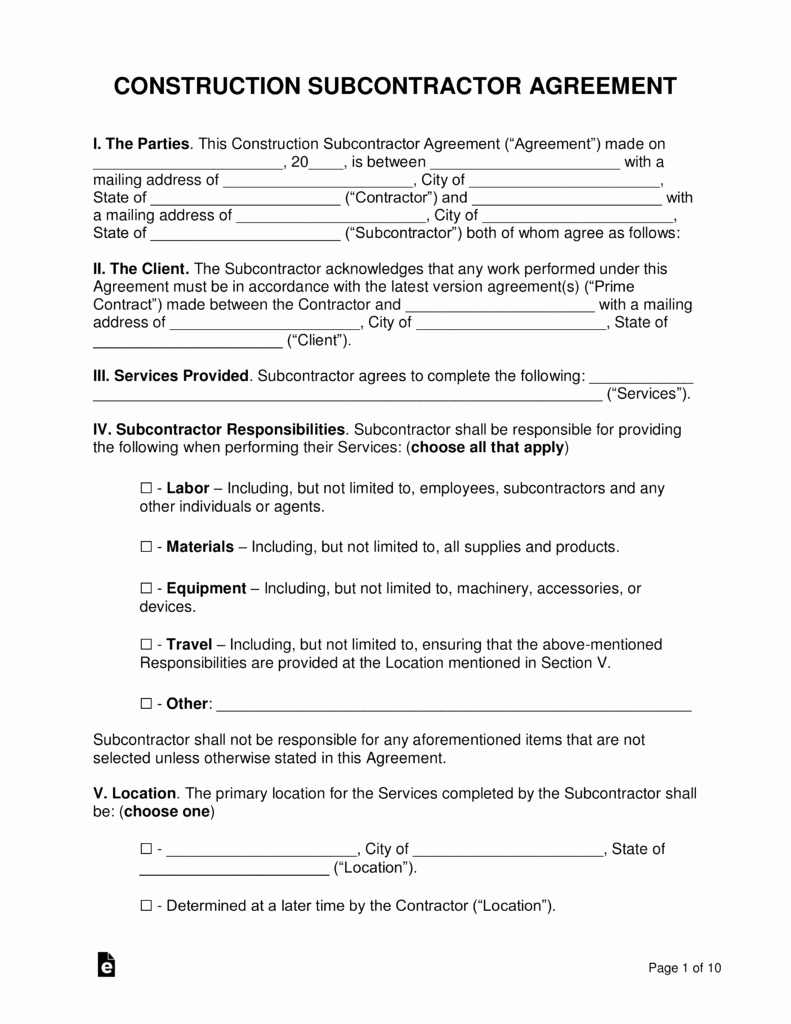Construction Subcontractor Agreement Template Unique Free Construction Subcontractor Agreement Template Pdf