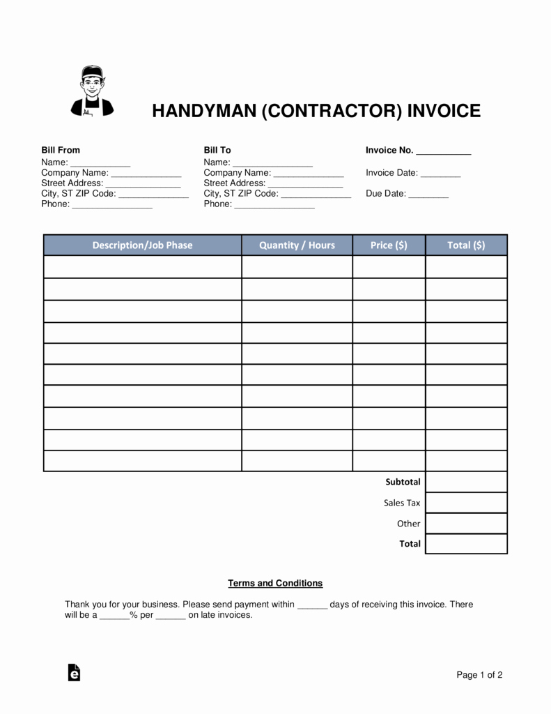 Contractor Invoice Template Free Fresh Free Handyman Contractor Invoice Template Word