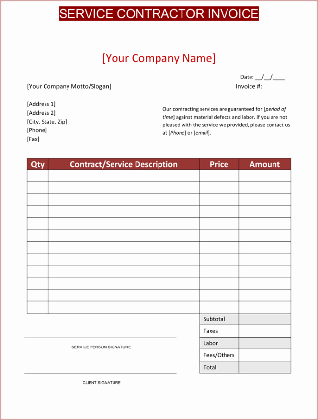 Contractor Invoice Template Free Inspirational Contractor Invoice Template 6 Printable Contractor Invoices