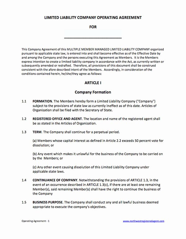 Corporate Operating Agreement Template Luxury Free Operating Agreement for Llc Member Managed Template