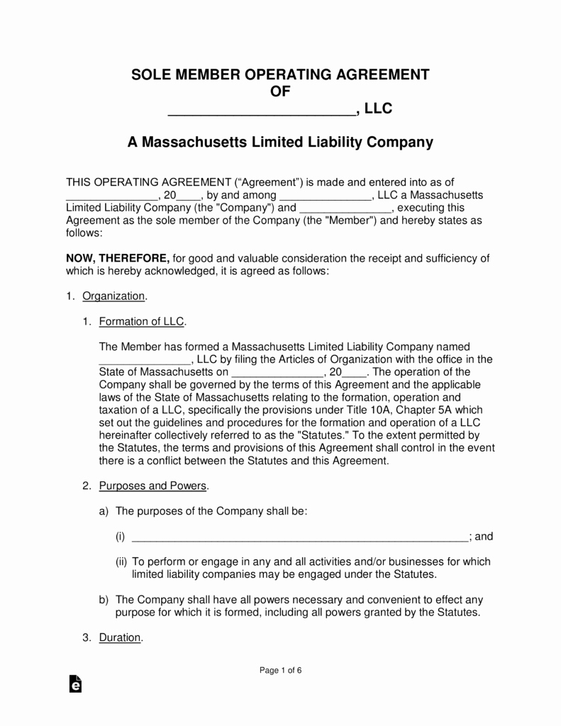 Corporation Operating Agreement Template Inspirational Massachusetts Single Member Llc Operating Agreement form