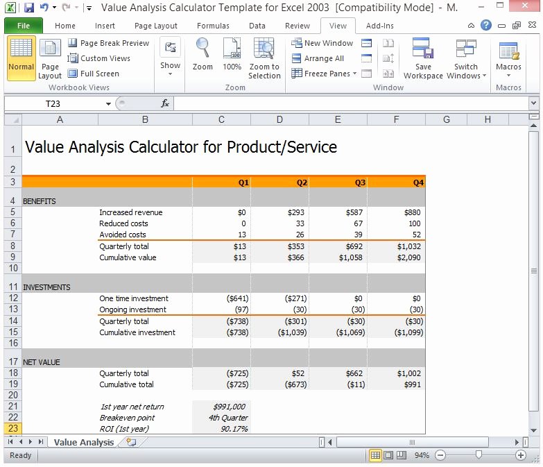 Cost Analysis Excel Template Unique Value Analysis Calculator Template for Excel