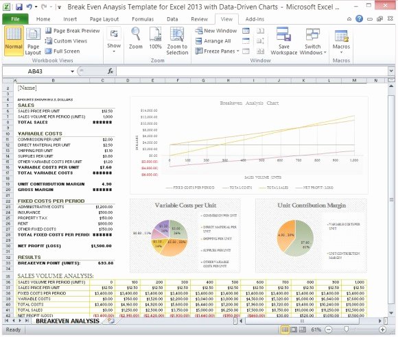 Cost Analysis Template Excel Inspirational Break even Analysis Template for Excel 2013 with Data