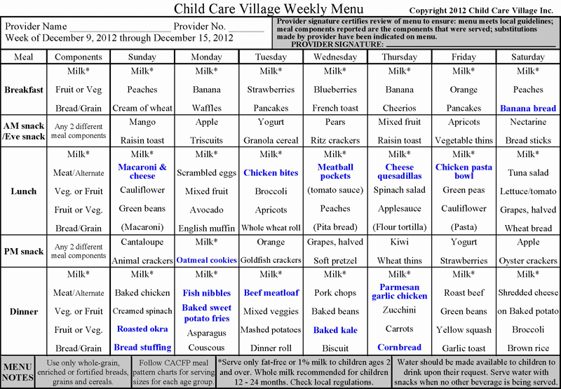 Daycare Monthly Menu Template Unique Child Care &amp; Preschool Curriculum Daycare forms Cacfp