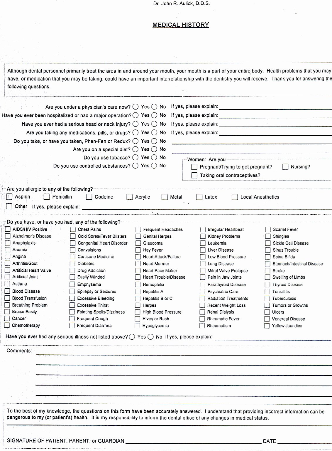 Dental Medical History form Template Luxury Dr John Aulick Dds