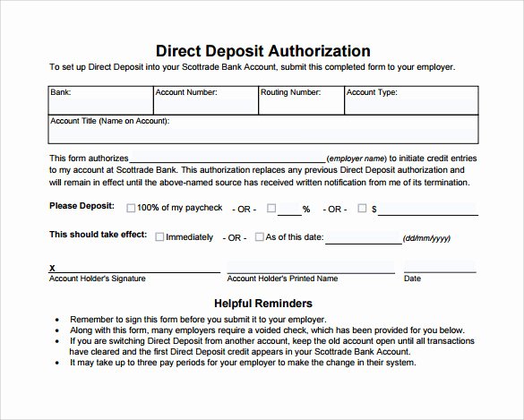 Direct Deposit Authorization form Template Awesome Sample Direct Deposit Authorization form 7 Download