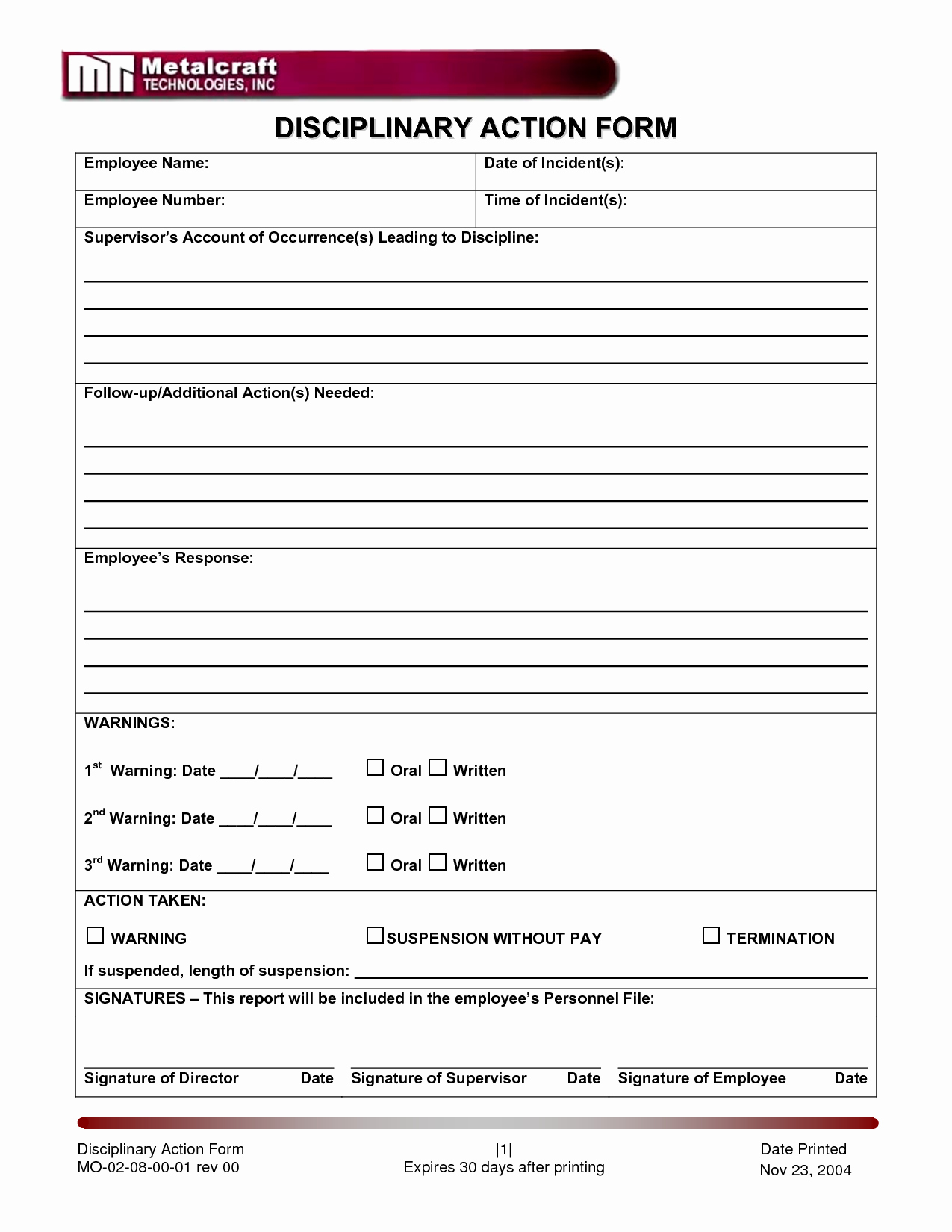 Disciplinary Action form Template Fresh Disciplinary Action form Employee forms