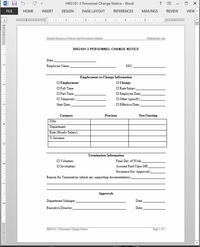Employee Change form Template Inspirational Personnel Change Notice Template