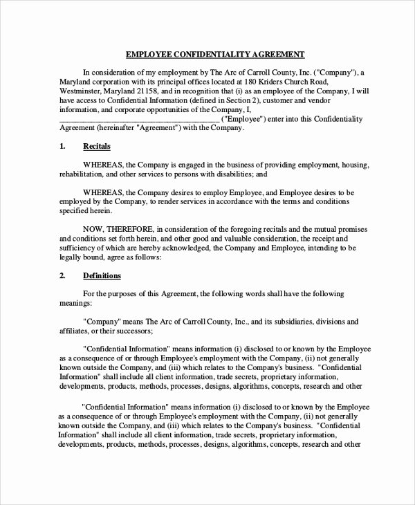 Employee Confidentiality Agreement Template Best Of Sample Employee Confidentiality Agreement 8 Documents