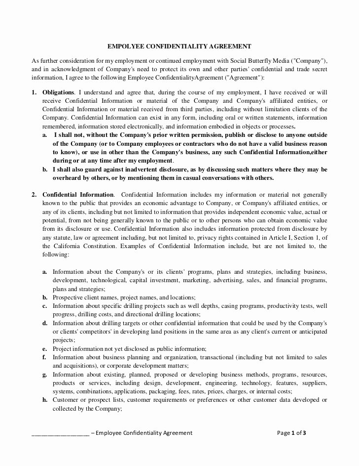 Employee Confidentiality Agreement Template Elegant Empolyee Confidentiality Agreement