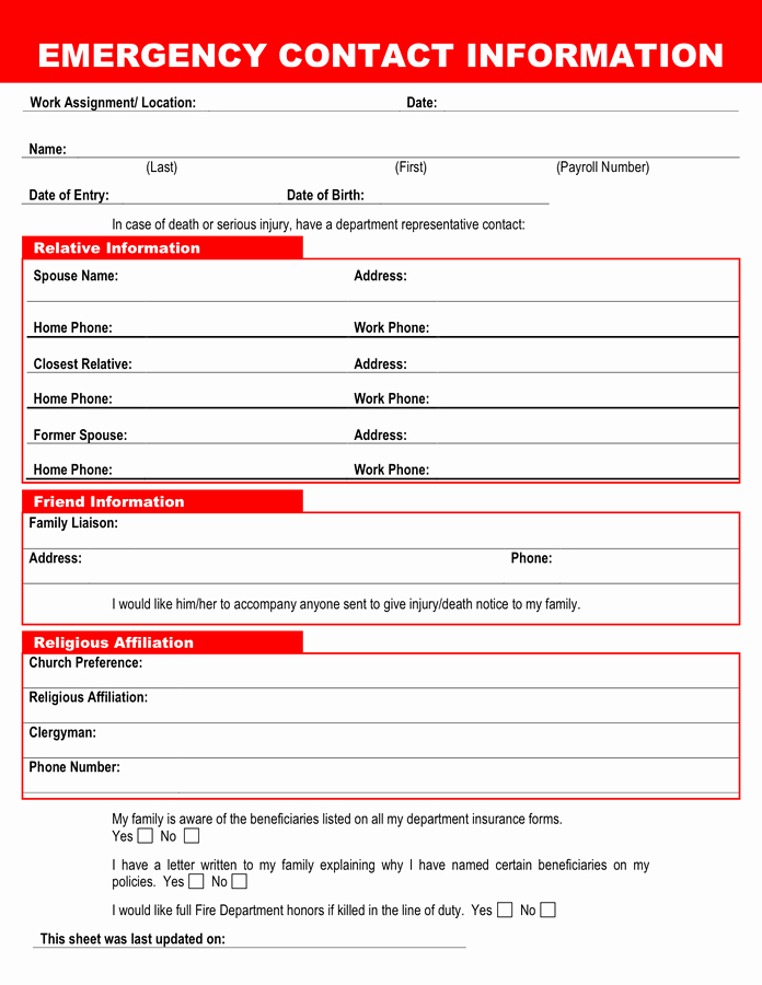 Employee Emergency Contact form Template New Emergency Contact form In Word and Pdf formats