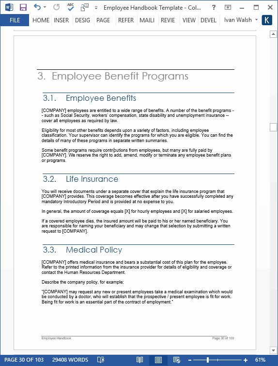 Employee Handbook Template Word Free Awesome Employee Handbook Template – Download 100 Pg Ms Word