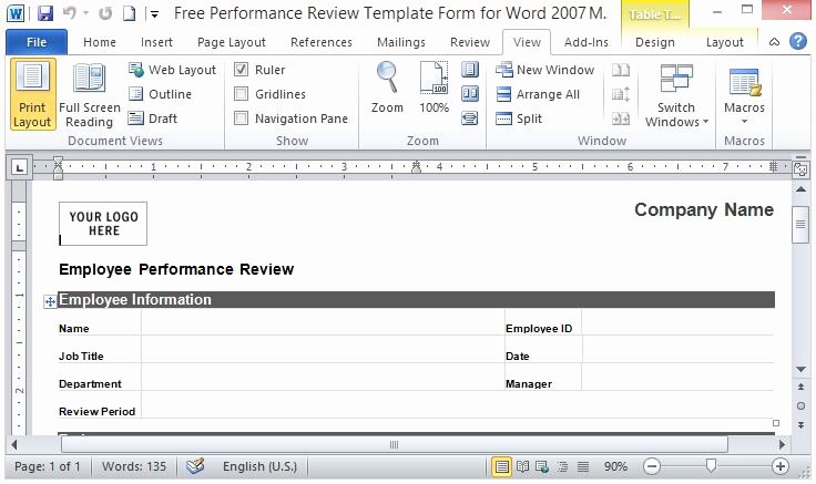 Employee Review Template Word Lovely Free Performance Review Template form for Word 2007