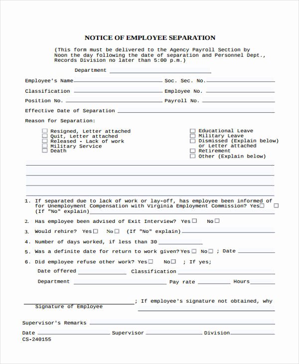 Employee Separation form Template Awesome 10 Separation Notice Templates Google Docs Ms Word