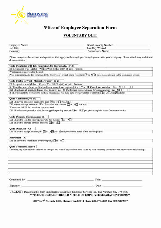Employee Separation form Template Awesome Fillable Notice Employee Separation form Voluntary