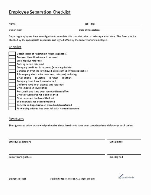 Employee Separation form Template Elegant Employee Separation Checklist