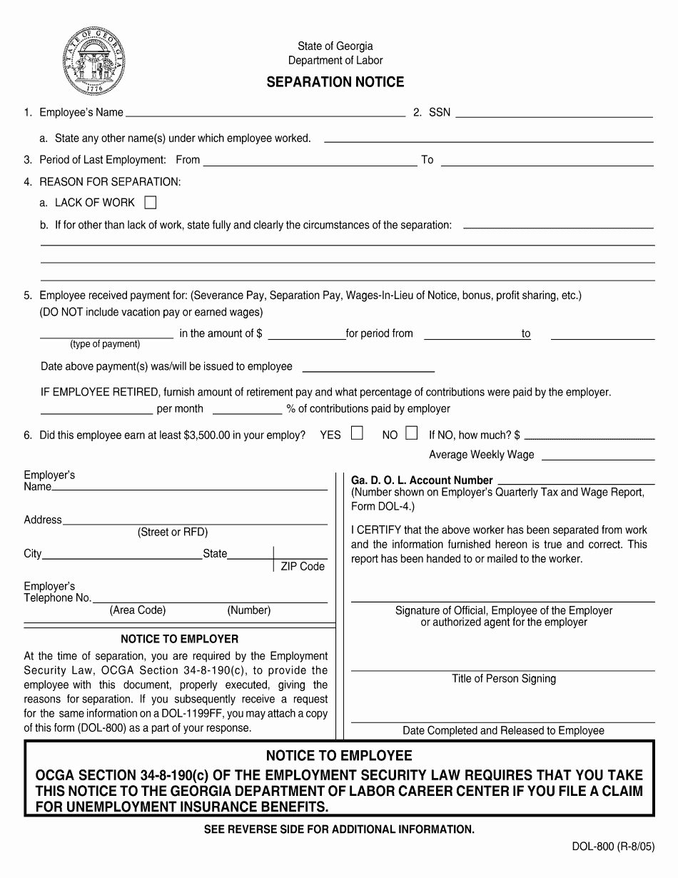 Employee Separation form Template Luxury Ga Dol 800 form 2005 2019 Fillable &amp; Printable Line