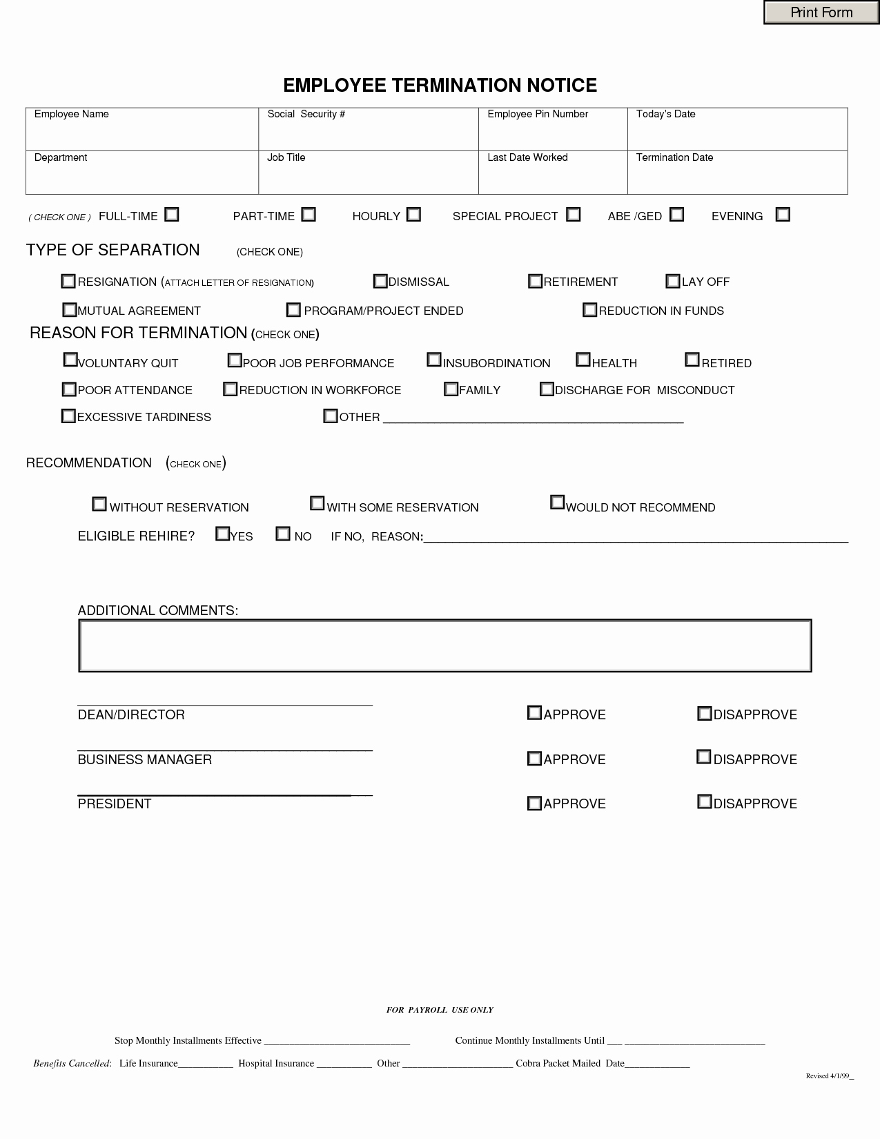Employee Separation form Template Luxury Separation Notice Template – Printable Year Calendar