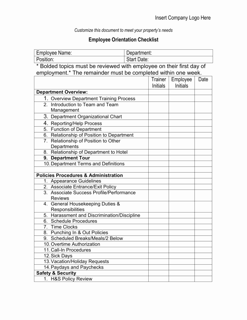 Employee Training Checklist Template Lovely Employee orientation Checklist Staff Group Child Care