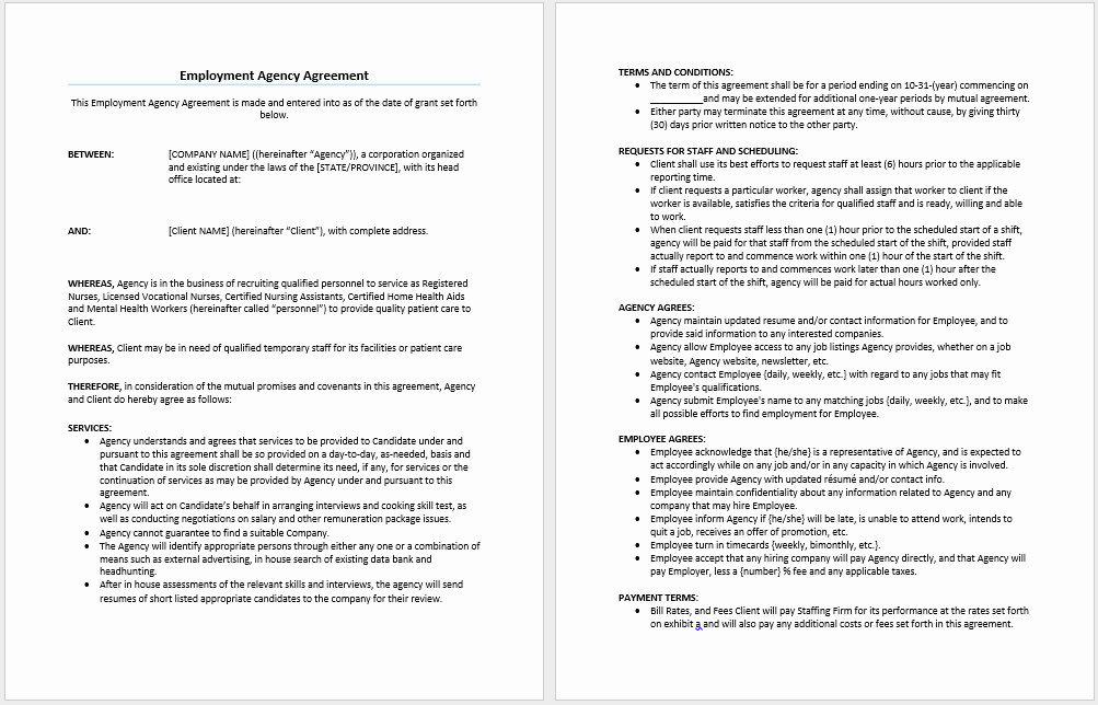 Employment Agreement Template Word Fresh Employment Agency Agreement Template Microsoft Word