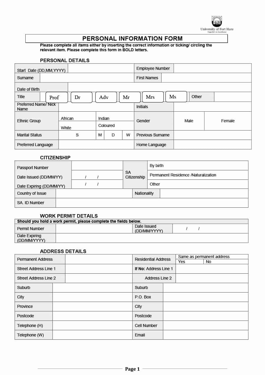 Employment Information form Template Elegant 47 Printable Employee Information forms Personnel