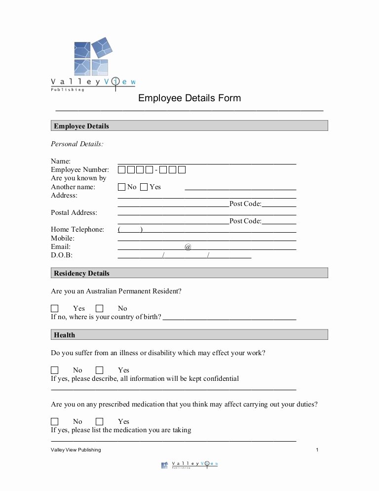 Employment Information form Template Elegant Employee Details form