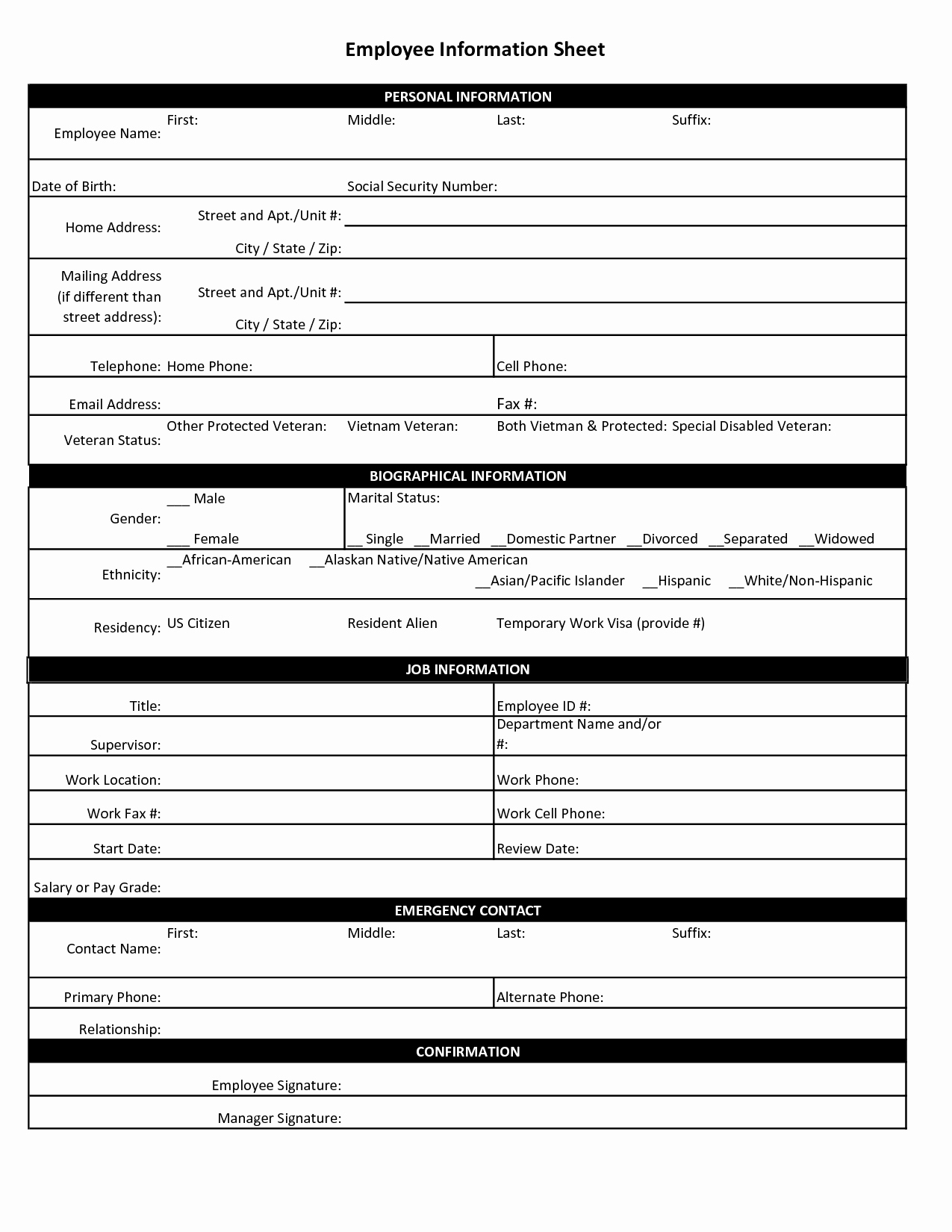 Employment Information form Template Elegant Employee Personal Information Sheet