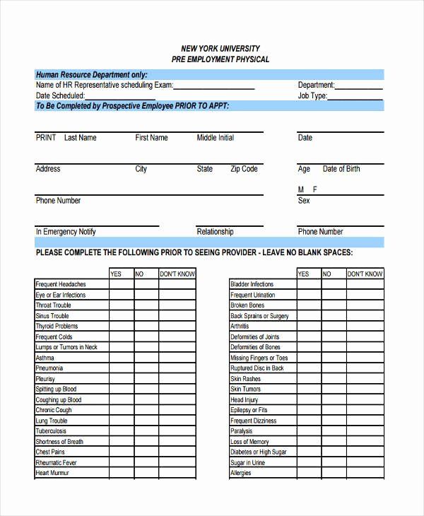Employment Physical form Template Elegant Free 8 Pre Employment Physical forms In Samples Examples