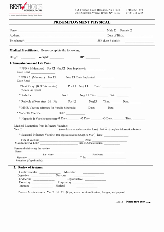 Employment Physical form Template Inspirational Best Choice Pre Employment Physical Printable Pdf