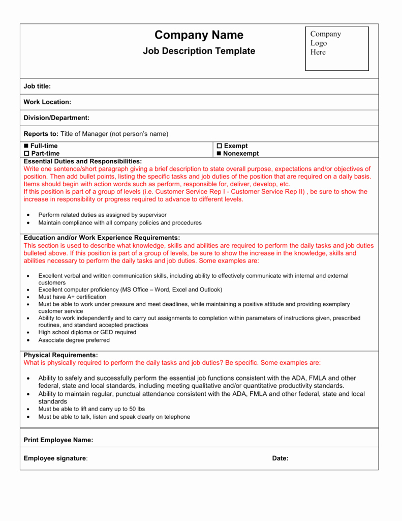 Employment Physical form Template Luxury Job Description form