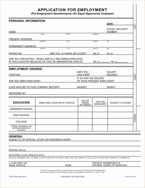 Employment Physical form Template New Generic Job Application