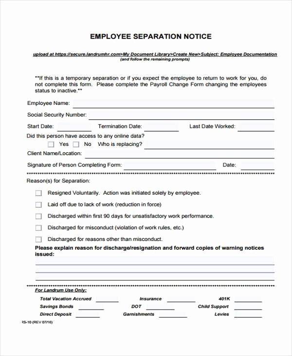 Employment Separation Notice Template Lovely Employment form Templates