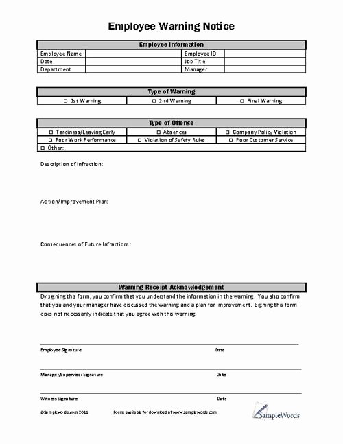 Employment Write Up Template Beautiful Employee Warning Notice Business forms
