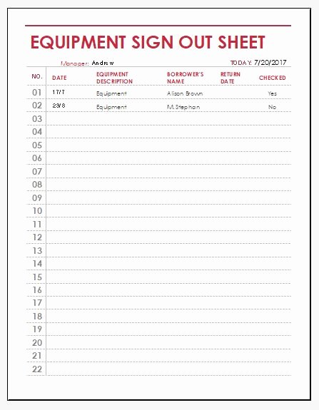 Equipment Checkout form Template Fresh Equipment Sign Out Sheet