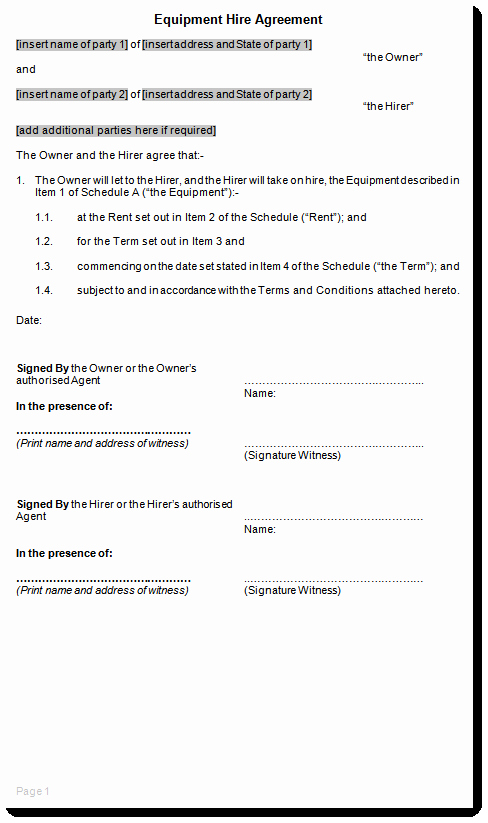 Equipment Lease Agreement Template Word Awesome Equipment Rental Hire Agreement Template