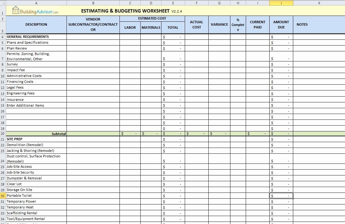 Estimating Template for Construction Lovely Free Construction Estimating Spreadsheet for Building and