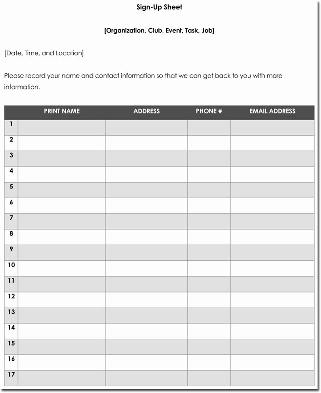 Event Sign Up Sheet Template Awesome Signup Sheet Templates 40 Sheets
