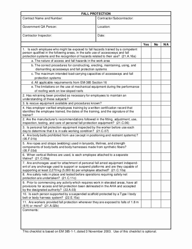 Fall Protection Plan Template Luxury Fall Protection Checklist Usace